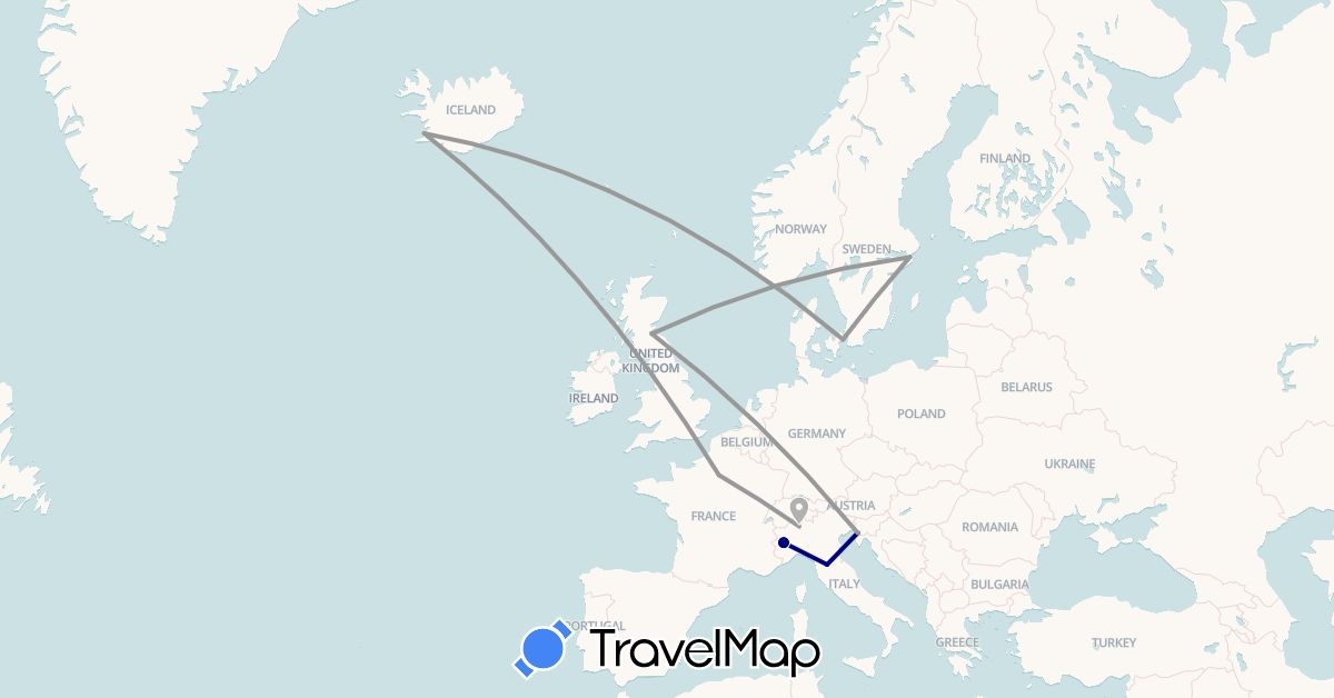 TravelMap itinerary: driving, plane in Switzerland, Denmark, Faroe Islands, France, United Kingdom, Iceland, Italy, Sweden (Europe)